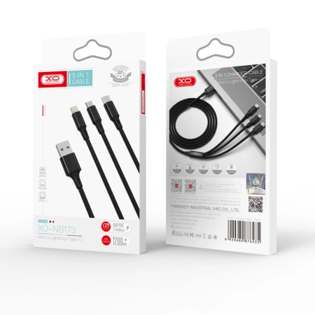 Kabel USB 3w1 Micro/iPhone/TYP-C 1.2m XO NB173 2.4A czarny