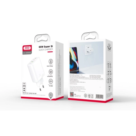Ładowarka sieciowa 2xUSB-C PD 65W + USB XO CE04 biała