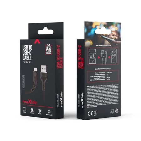 Kabel USB TYP C 1m czarny nylon Maxlife MXUC-01 2A