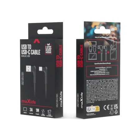 Kabel USB Typ C 1m czarny Maxlife MXUC-09 kątowy 3A