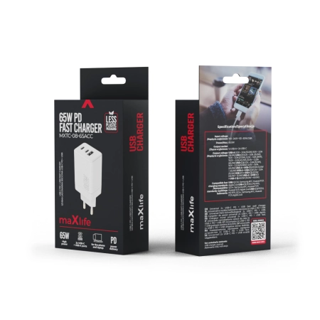 Ładowarka sieciowa 2xUSB-C PD 65W + 1xUSB 3.0 QC Maxlife MXTC-08-65ACC biała