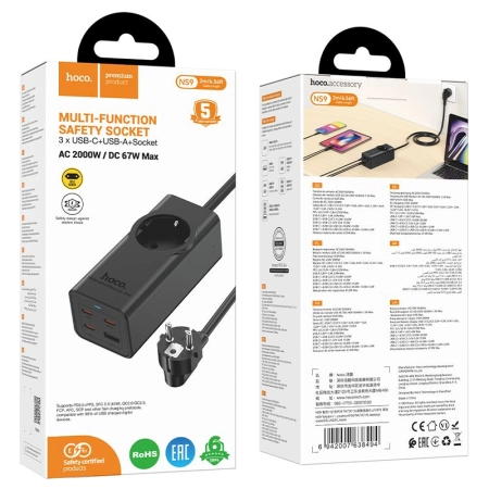 Listwa zasilająca 1 gniazdo + USB + 3x USB-C PD QC3.0 67W 2m Hoco NS9