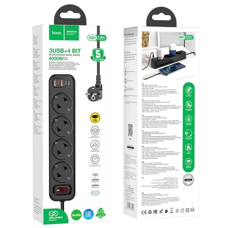 Listwa zasilająca 4 gniazda + 2x USB + USB-C PD QC3.0 20W 1.8m Hoco NS1