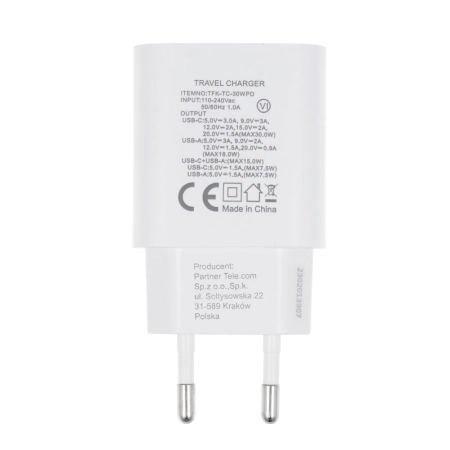 Ładowarka sieciowa USB-C PD 30W + 1xUSB QC 4.0 Forcell biała