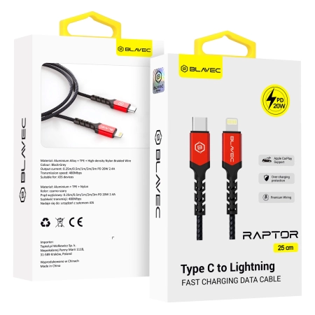 Kabel TYP-C - iPhone Lightning 0.25m Blavec czarny 20W