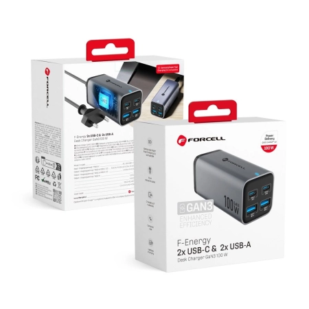 Ładowarka sieciowa 2xUSB-C PD 100W + 2xUSB QC 4.0 Forcell VT-49 szara