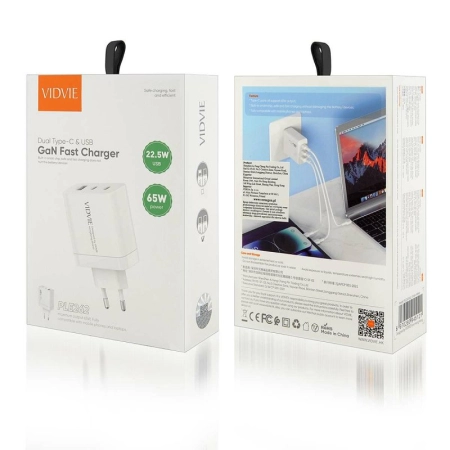 Ładowarka sieciowa 2xUSB-C PD 65W GaN +1xUSB QC3.0 kabel Typ C - Typ C Vidvie PLE262 biała