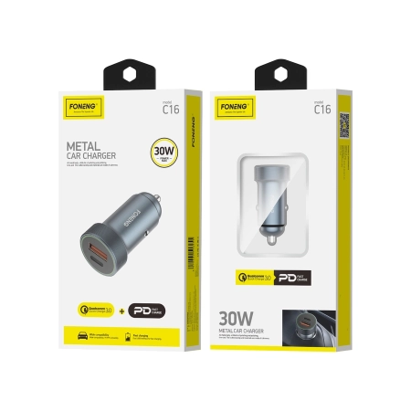 Ładowarka samochodowa USB-C PD + 1xUSB QC 3.0 30W FONENG C16 szara