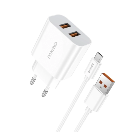 Ładowarka sieciowa 2xUSB 2.4A + kabel micro FONENG EU45 12W biała