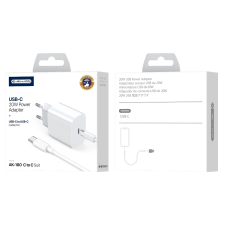 Ładowarka sieciowa USB-C PD 20W JELLICO AK180 biała + kabel Typ C - Typ C biała