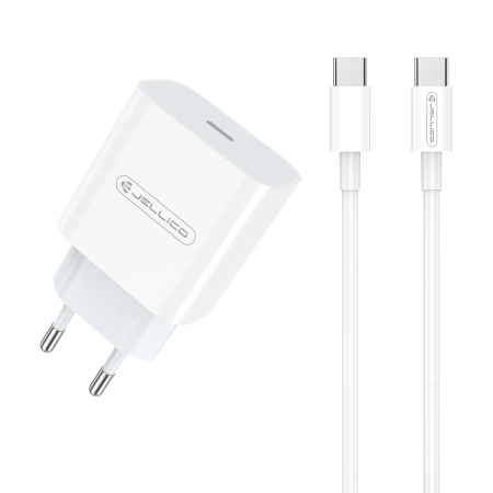 Ładowarka sieciowa USB-C PD 20W JELLICO AK180 biała + kabel Typ C - Typ C biała