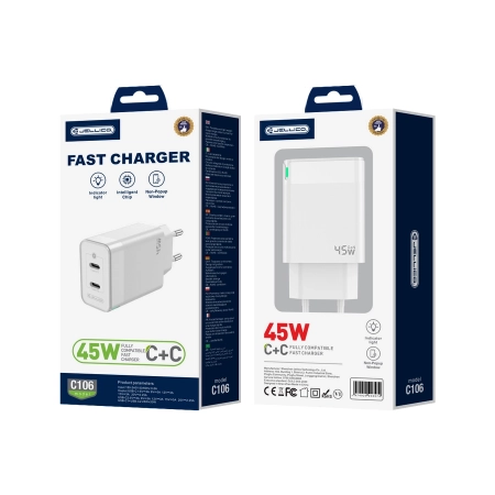 Ładowarka sieciowa 2xUSB-C PD 45W JELLICO G106 biała